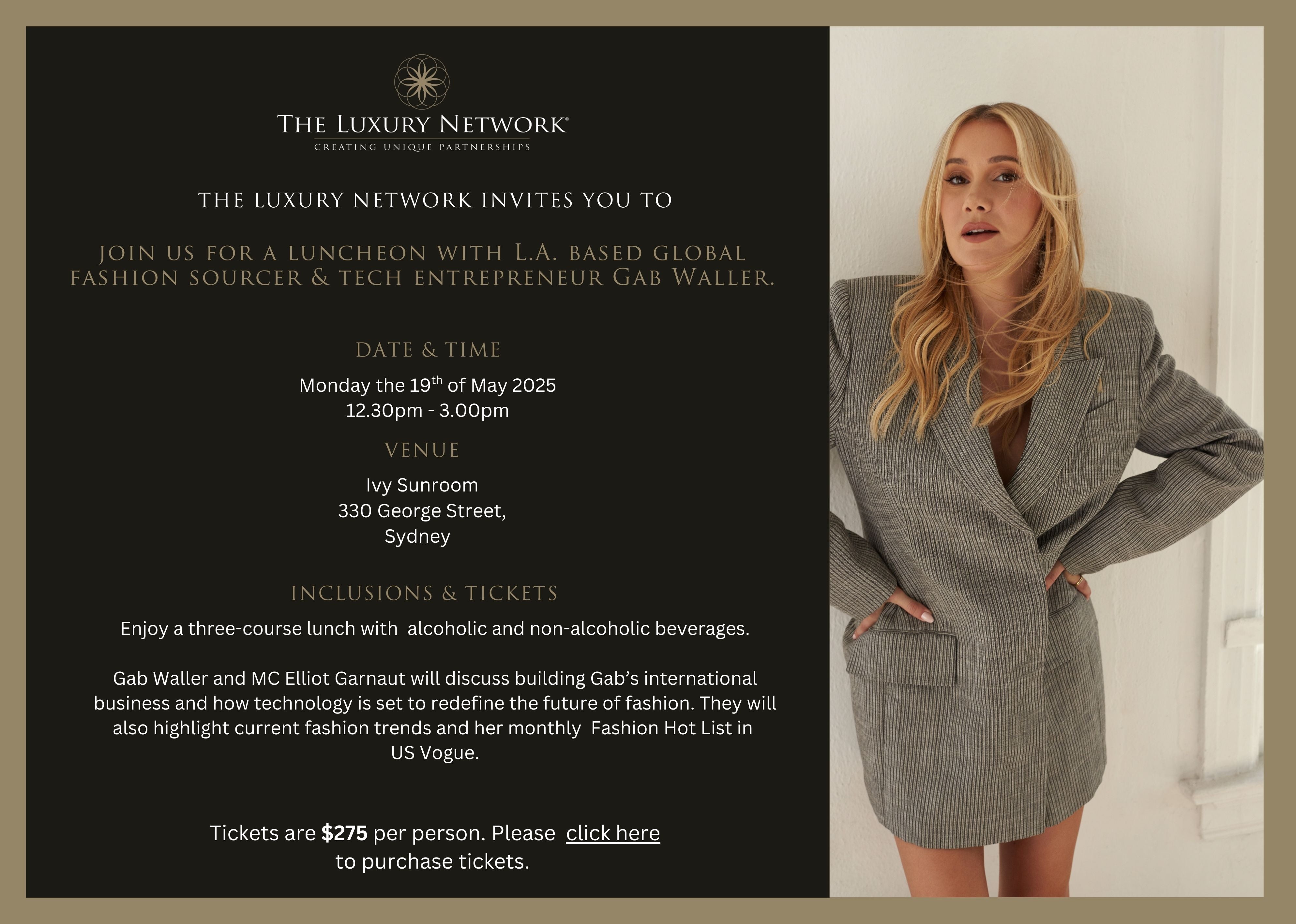 Buy a table of 10 - Gab Waller lunch in Sydney - 19th May 12.30-3pm