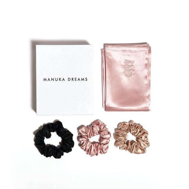 Manuka Dreams - Silk Dreams - One Pure Silk Pillowcase & Three Large Pure Silk Scrunchies