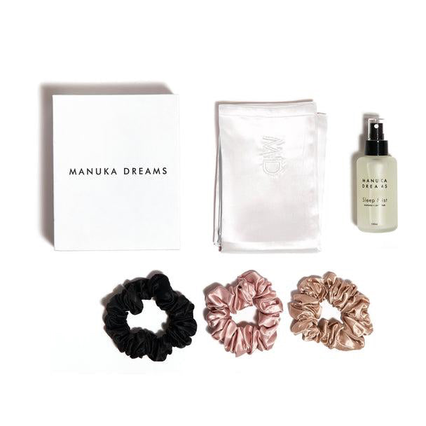 Manuka Dreams - The Signature Sleep Set With Scrunchies - One Pure Silk Pillowcase, One Manuka Lavender Sleep Mist & Three Large Pure Silk Scrunchies