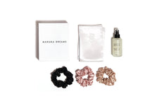 Load image into Gallery viewer, Manuka Dreams - The Signature Sleep Set With Scrunchies - One Pure Silk Pillowcase, One Manuka Lavender Sleep Mist &amp; Three Large Pure Silk Scrunchies
