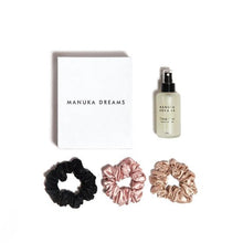 Load image into Gallery viewer, Manuka Dreams - Dream Hair - Manuka Lavender Sleep Mist &amp; Three Large Pure Silk Scrunchies
